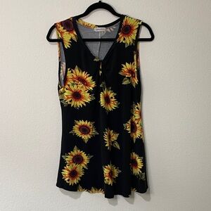 Black Floral Tank Top Sleeveless Sunflower Print Blouse Tunic Large